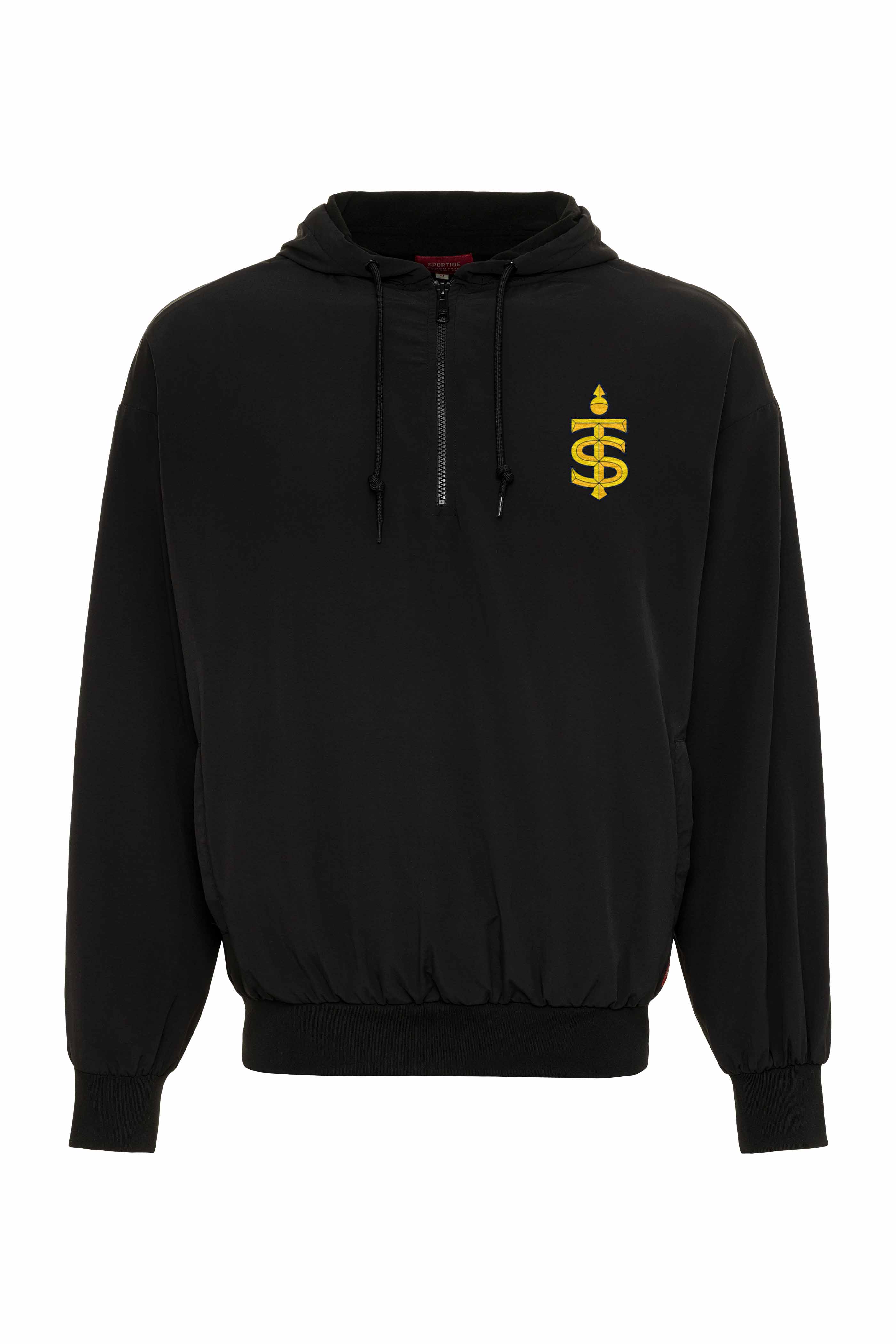 Black hoodie with a yellow logo on a white background