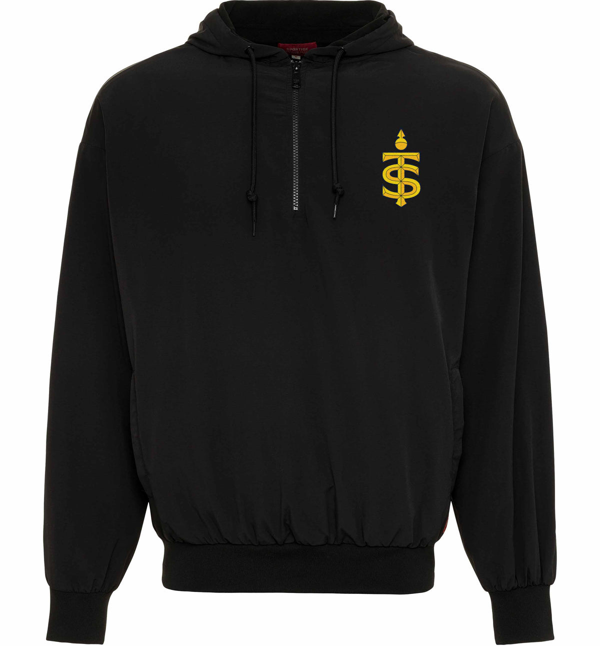 Black hoodie with a yellow logo on a white background