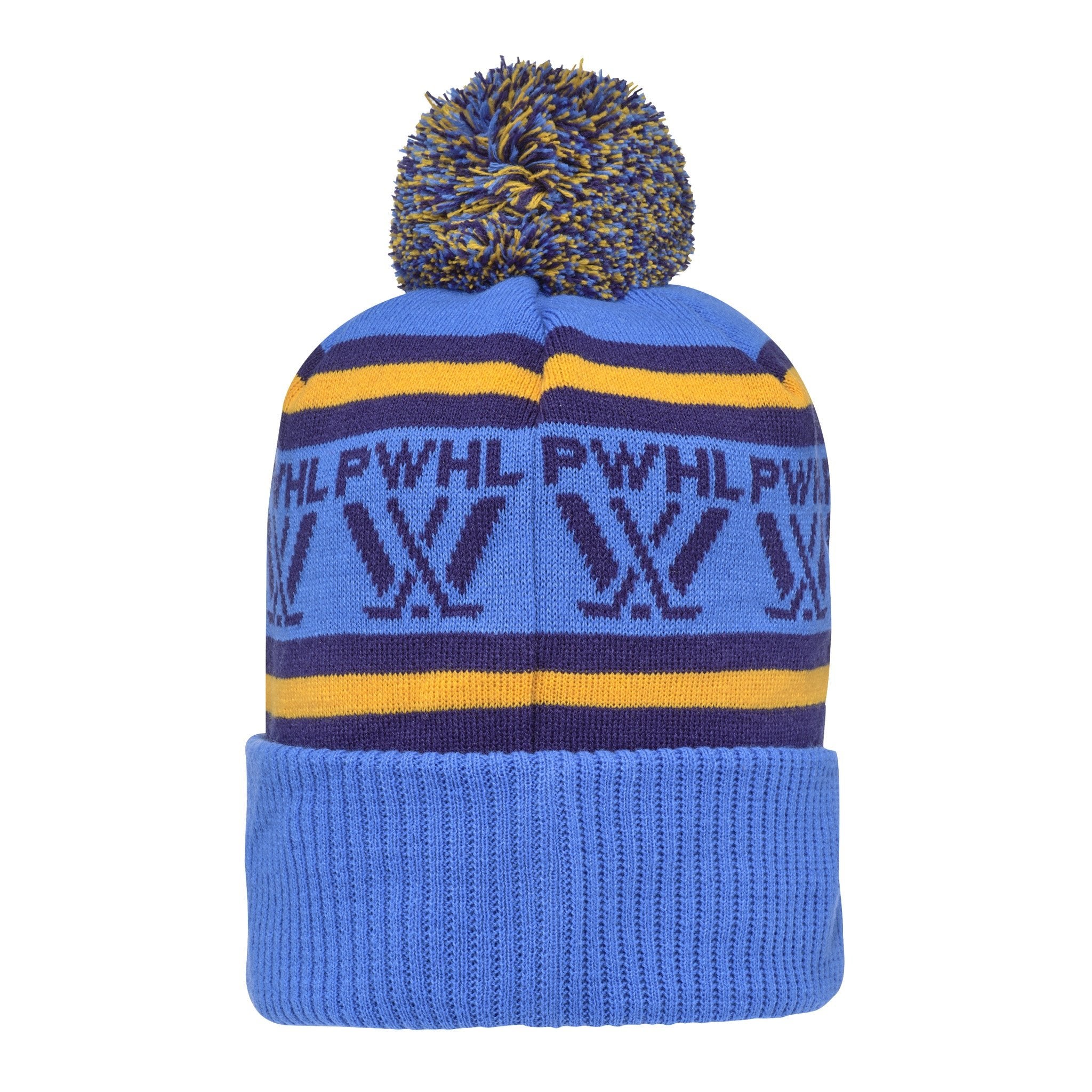 Blue knit beanie with pom-pom and branding on a white background