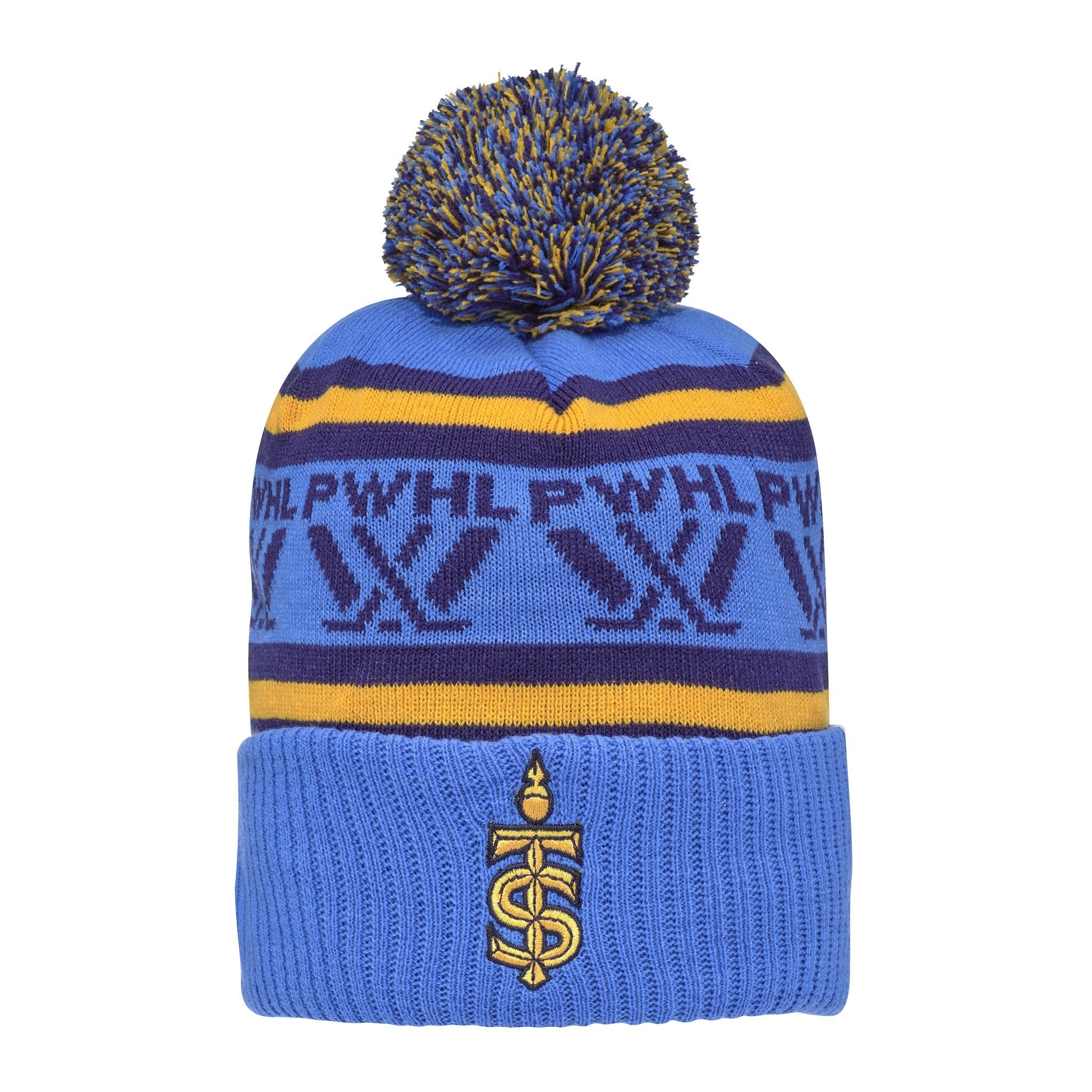 Blue knit beanie with yellow accents and a pom-pom on a white background