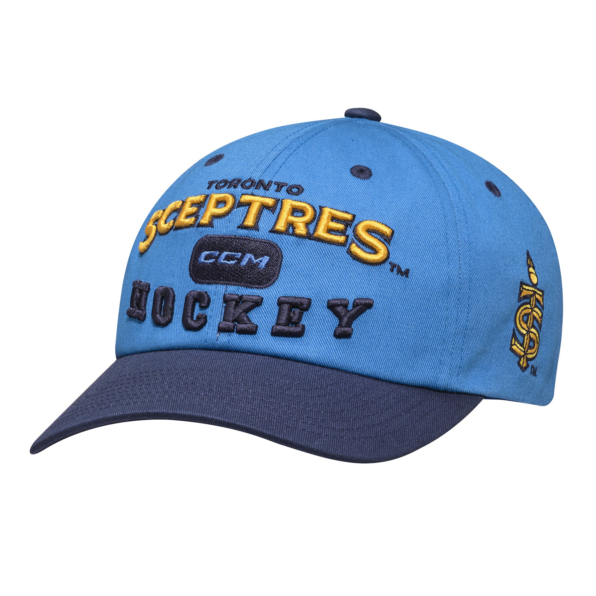 Blue and navy blue cap with 'Toronto Sceptres Hockey' text on a white background