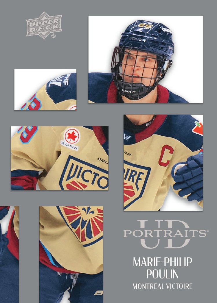 Hockey player's portrait with close-up details on a gray background, featuring Upper Deck logo.