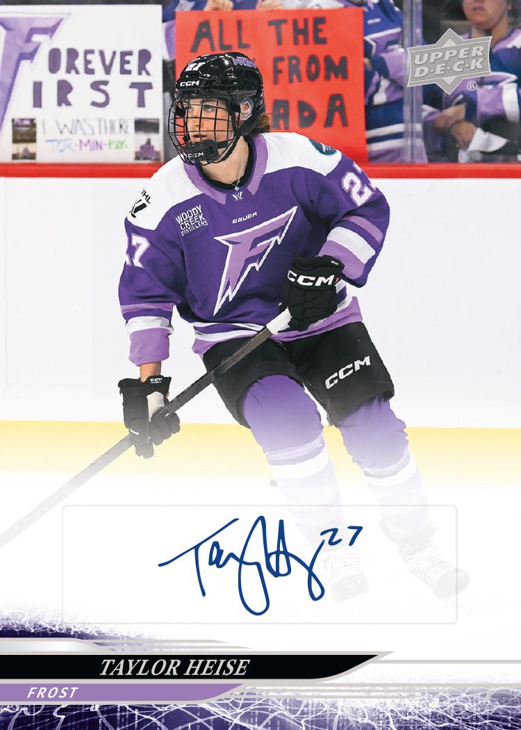 Hockey trading card of Taylor Heise in a purple jersey with a signature on a white background.