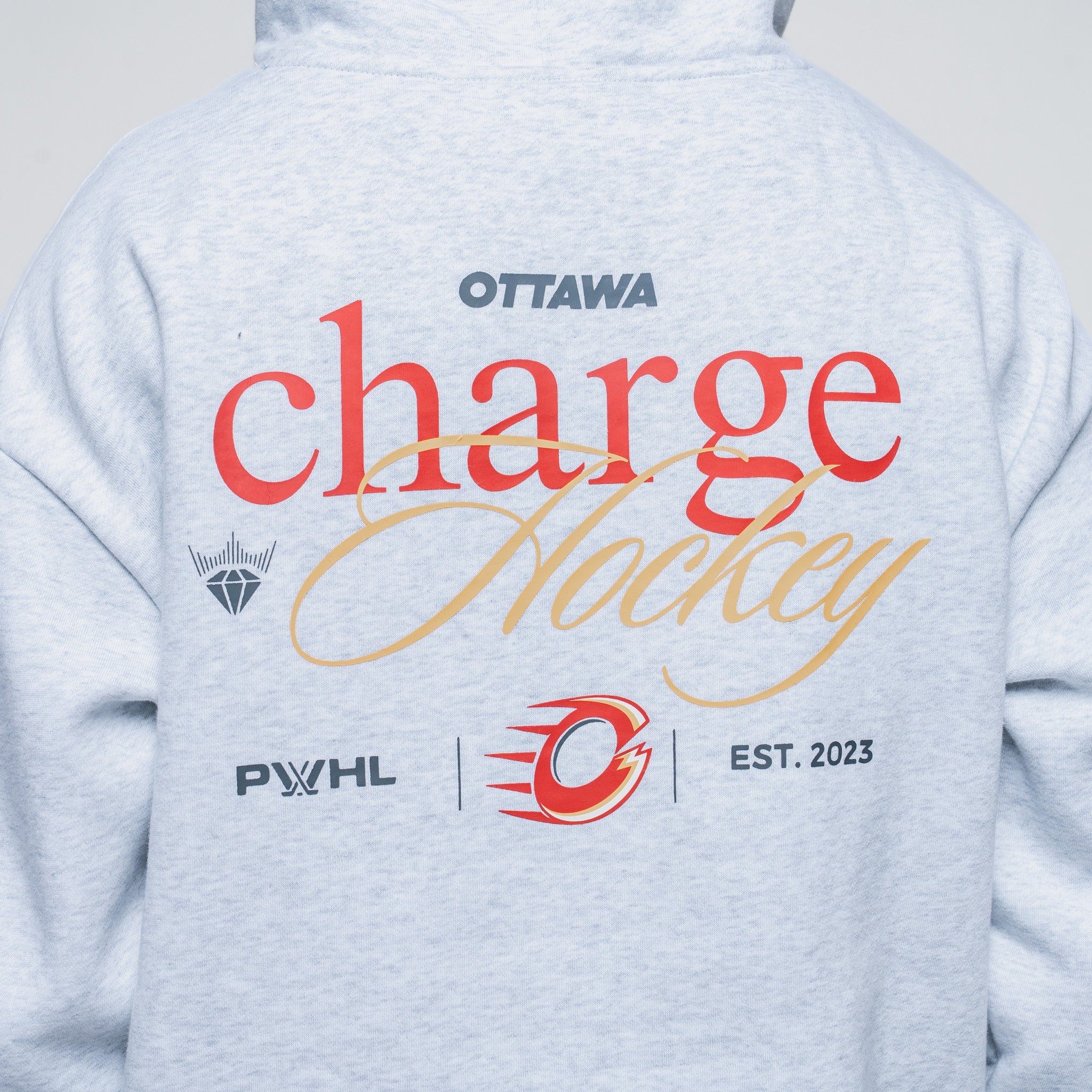 Light gray hoodie with 'Ottawa Charge Hockey' text and logos on the back