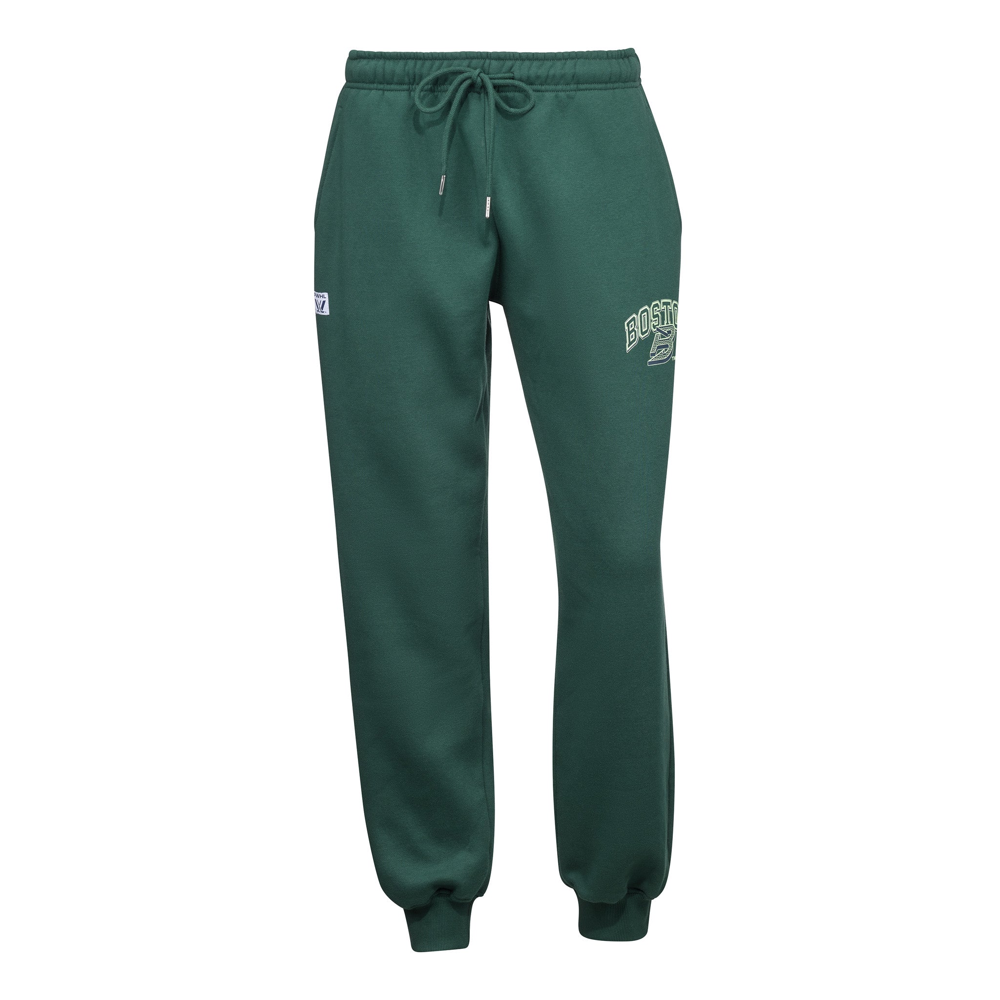 Green sweatpants with a logo on a white background