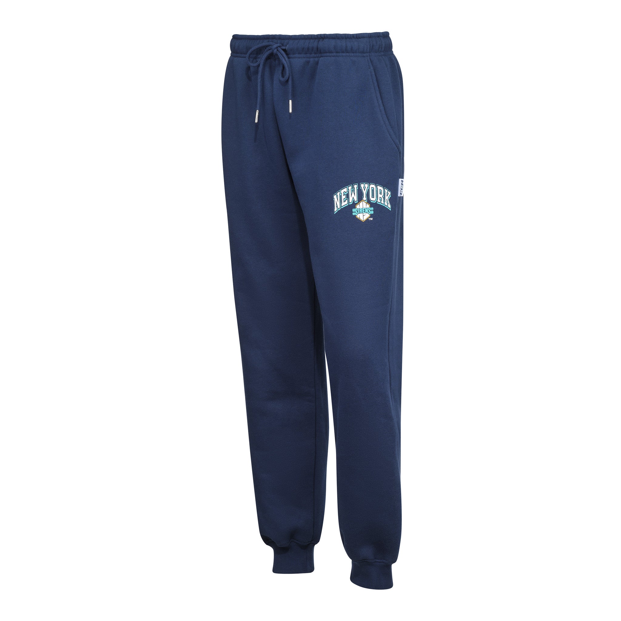 Navy blue sweatpants with 'New York' text on a white background