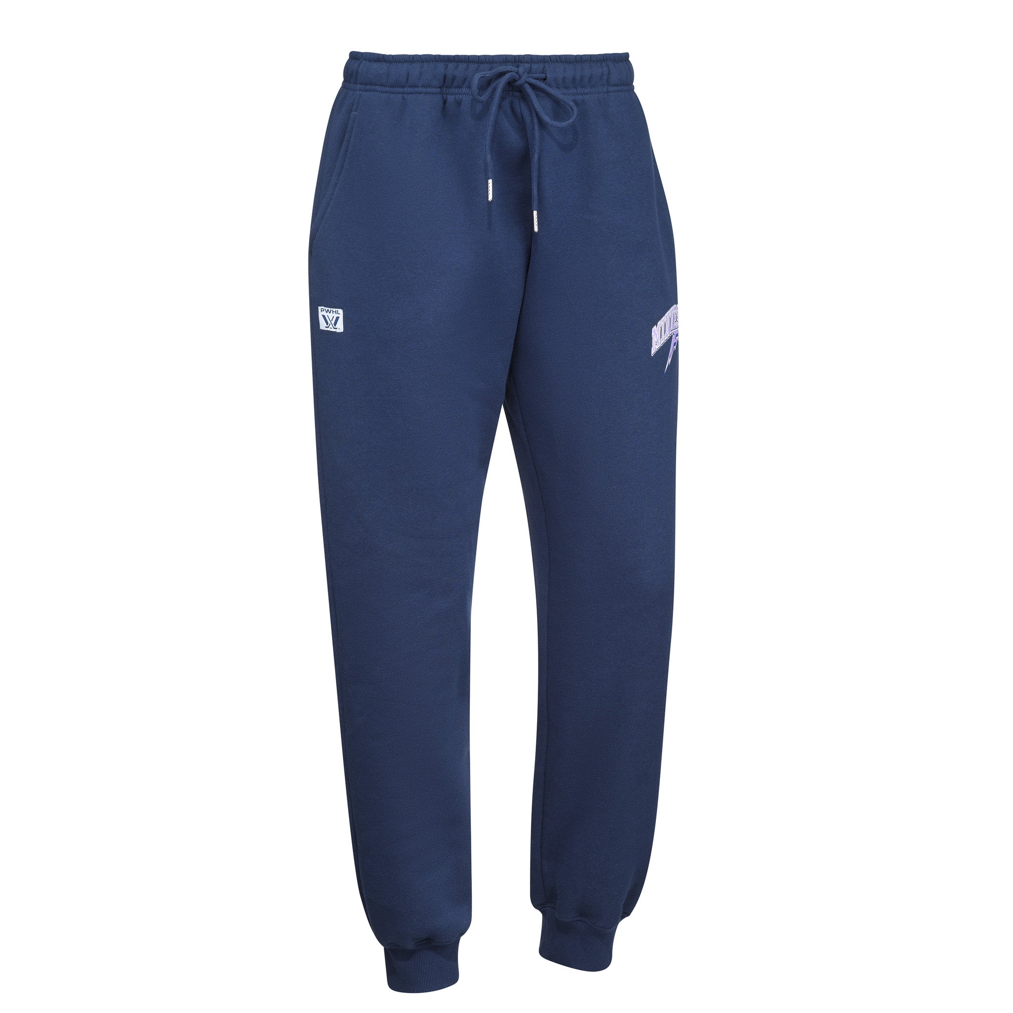 Navy blue sweatpants with drawstring on a white background