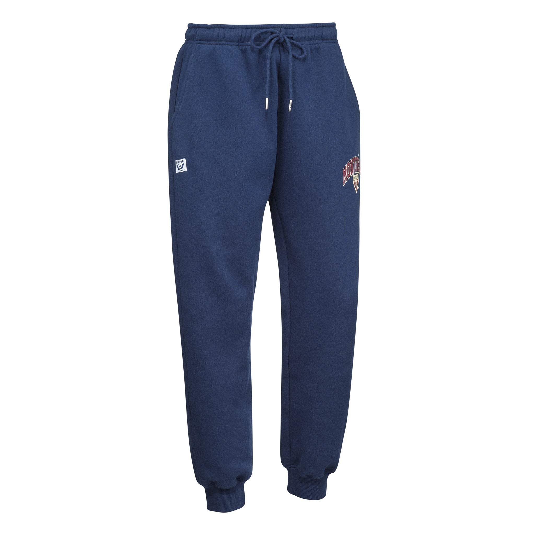 Blue sweatpants with a logo on a white background