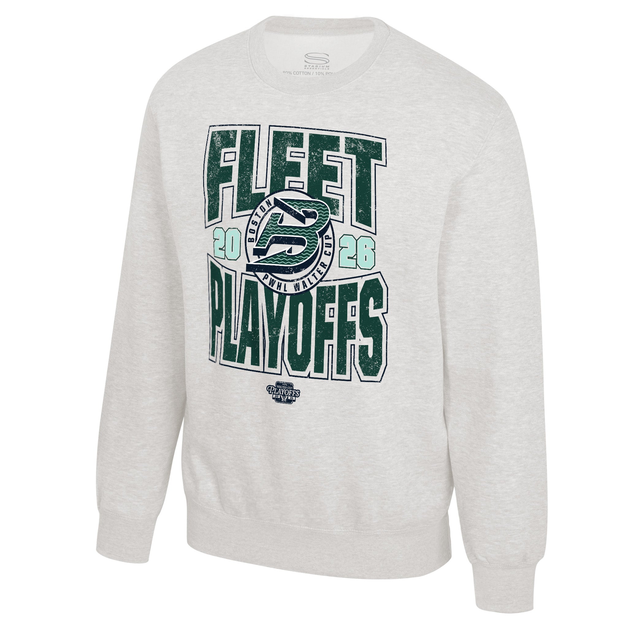Gray sweatshirt with 'Fleet Playoffs' text and logo on a white background