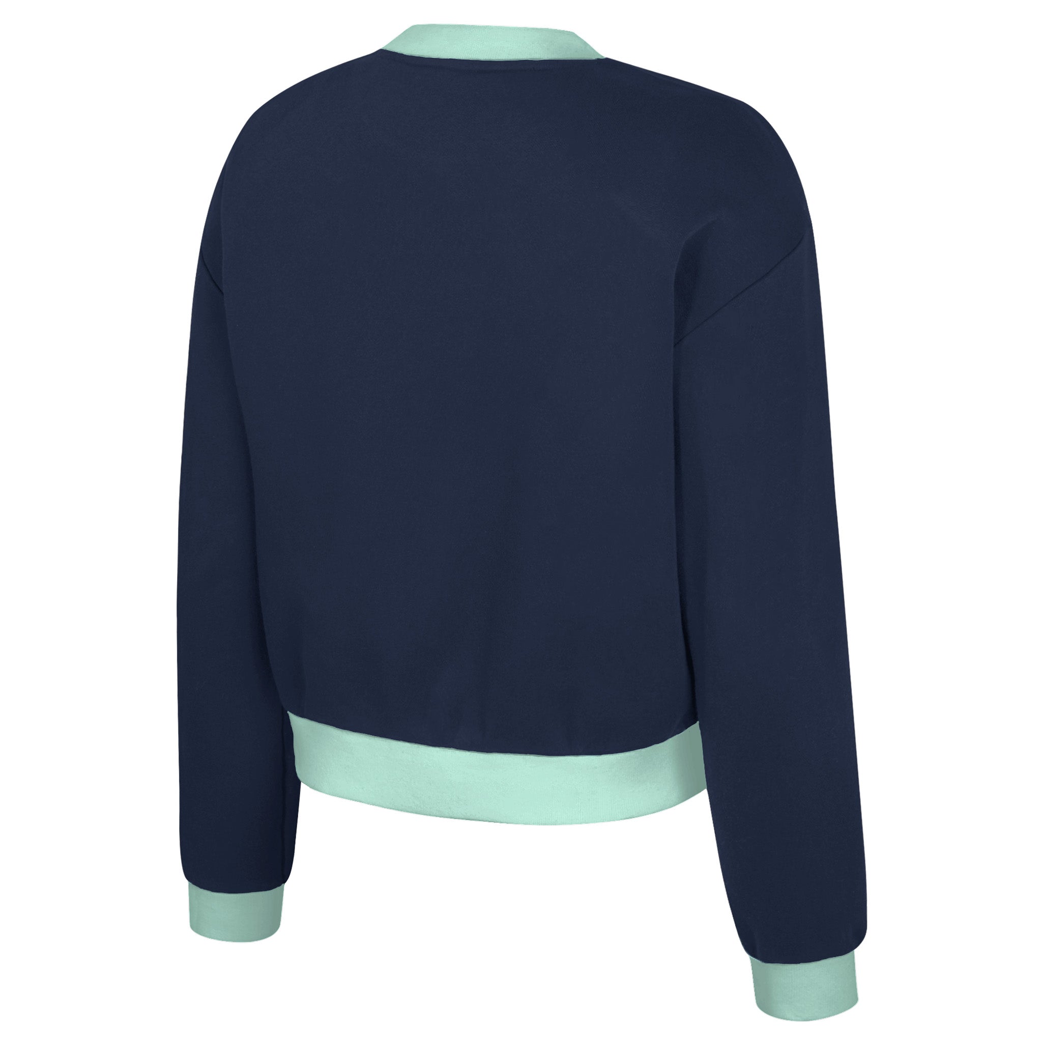 Navy blue sweatshirt with light green accents on a white background