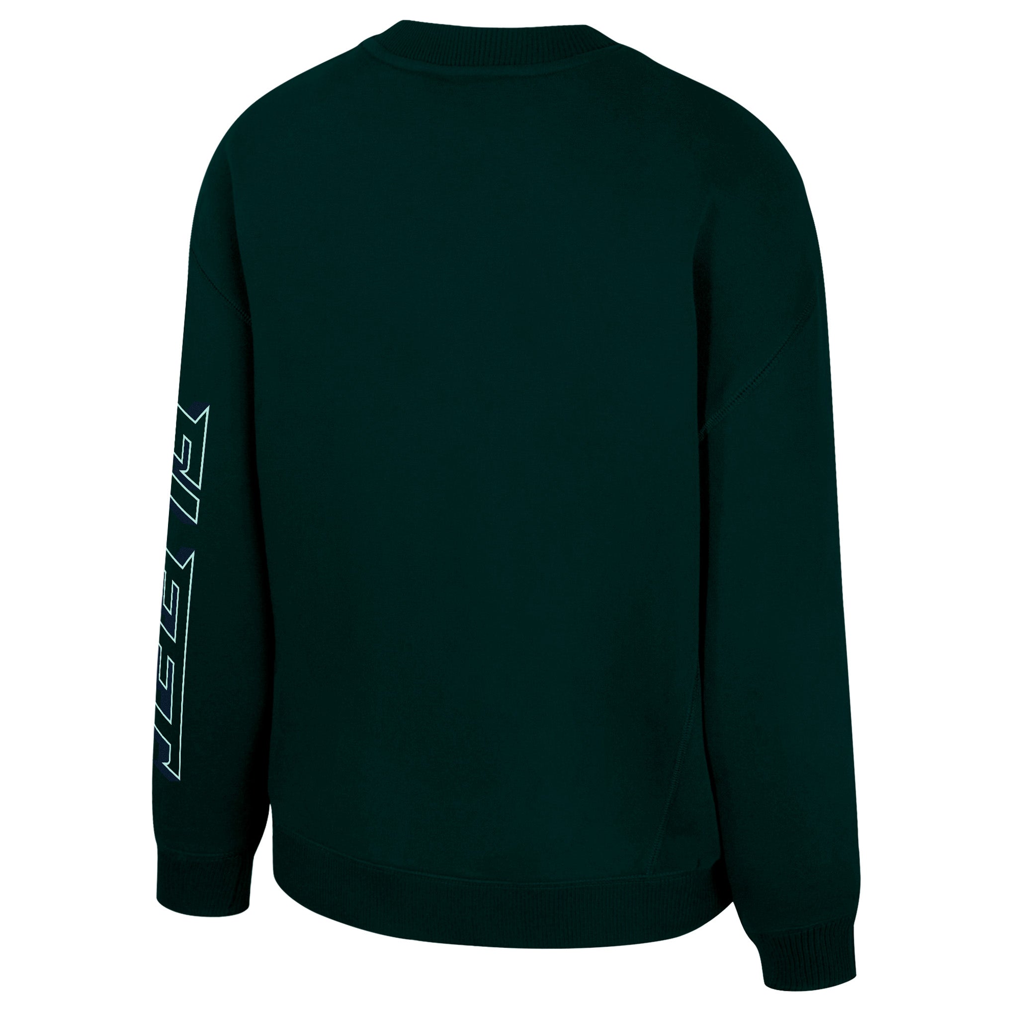 Dark green sweatshirt with a logo on the sleeve against a white background
