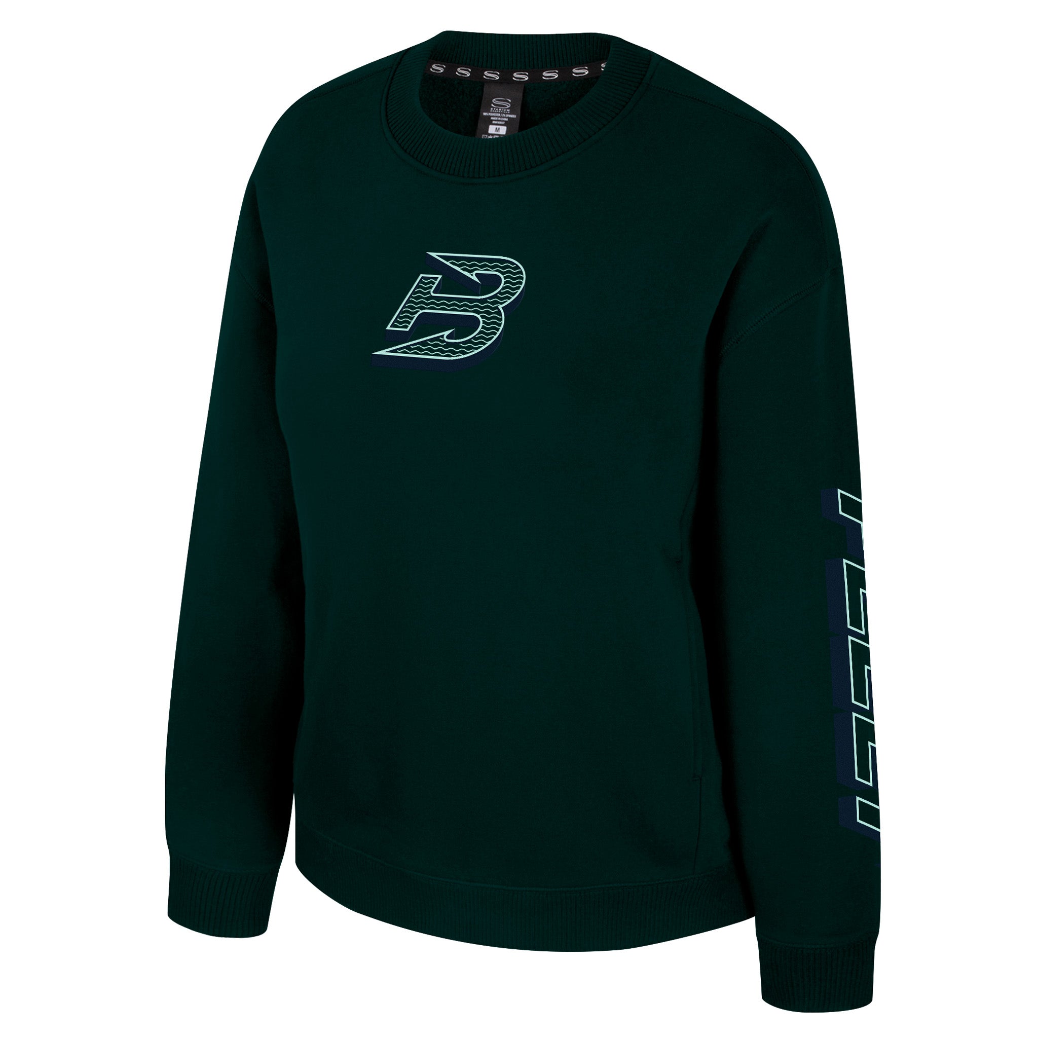 Dark green sweatshirt with logo on chest and text on sleeves against a white background