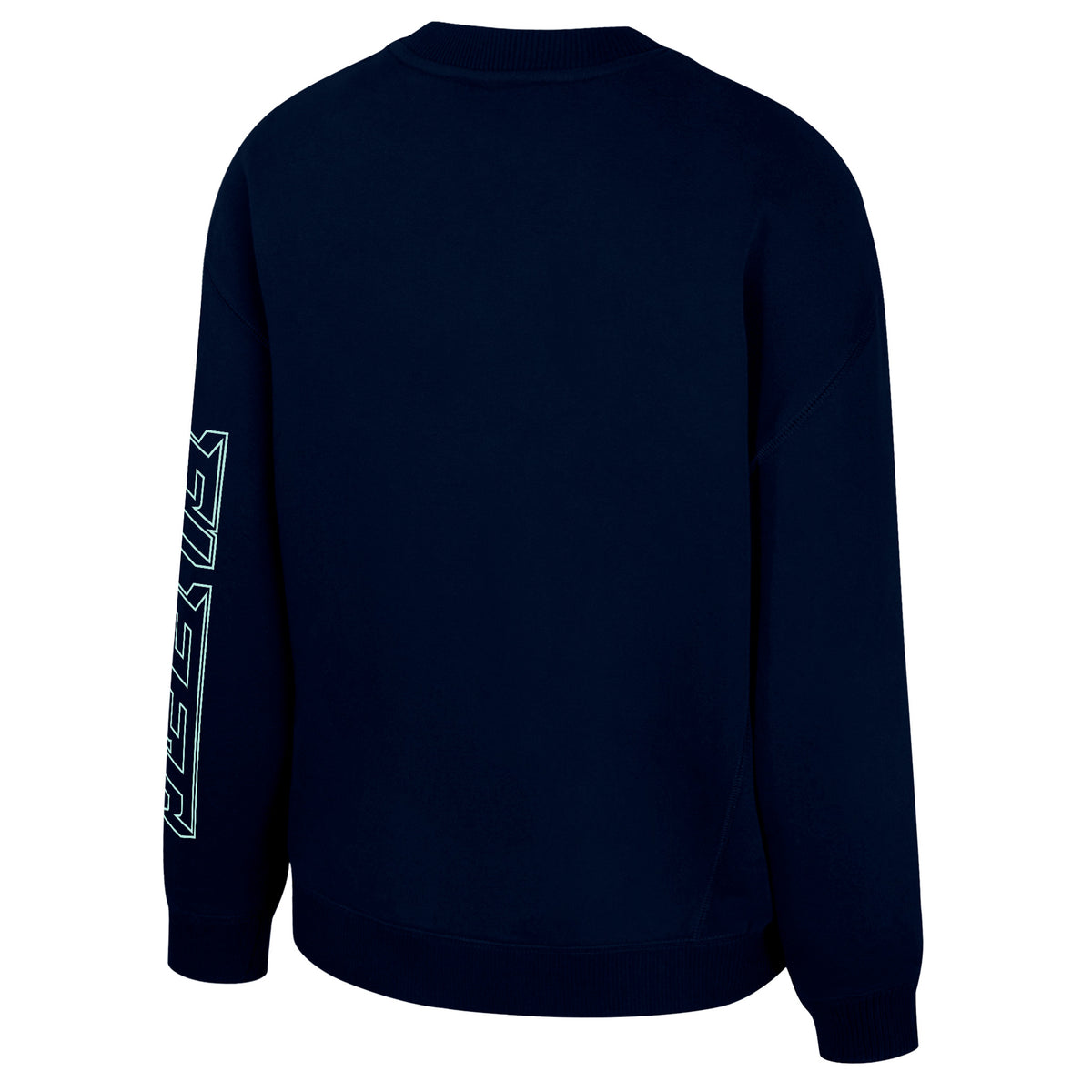 The back of a navy-blue crew neck Boston Fleet crew neck sweatshirt with 'FLEET' along the left sleeve. The collar, cuffs, and bottom have ribbed detailing.