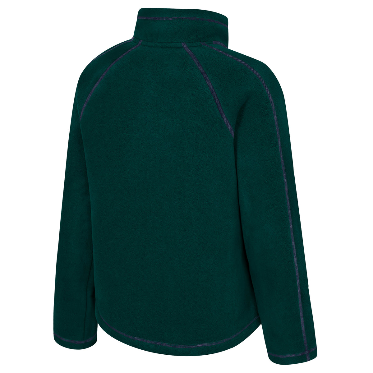 The back of a green Boston Fleet full-zip fleece jacket with blue stitched seams along the arms, shoulders, and collar.