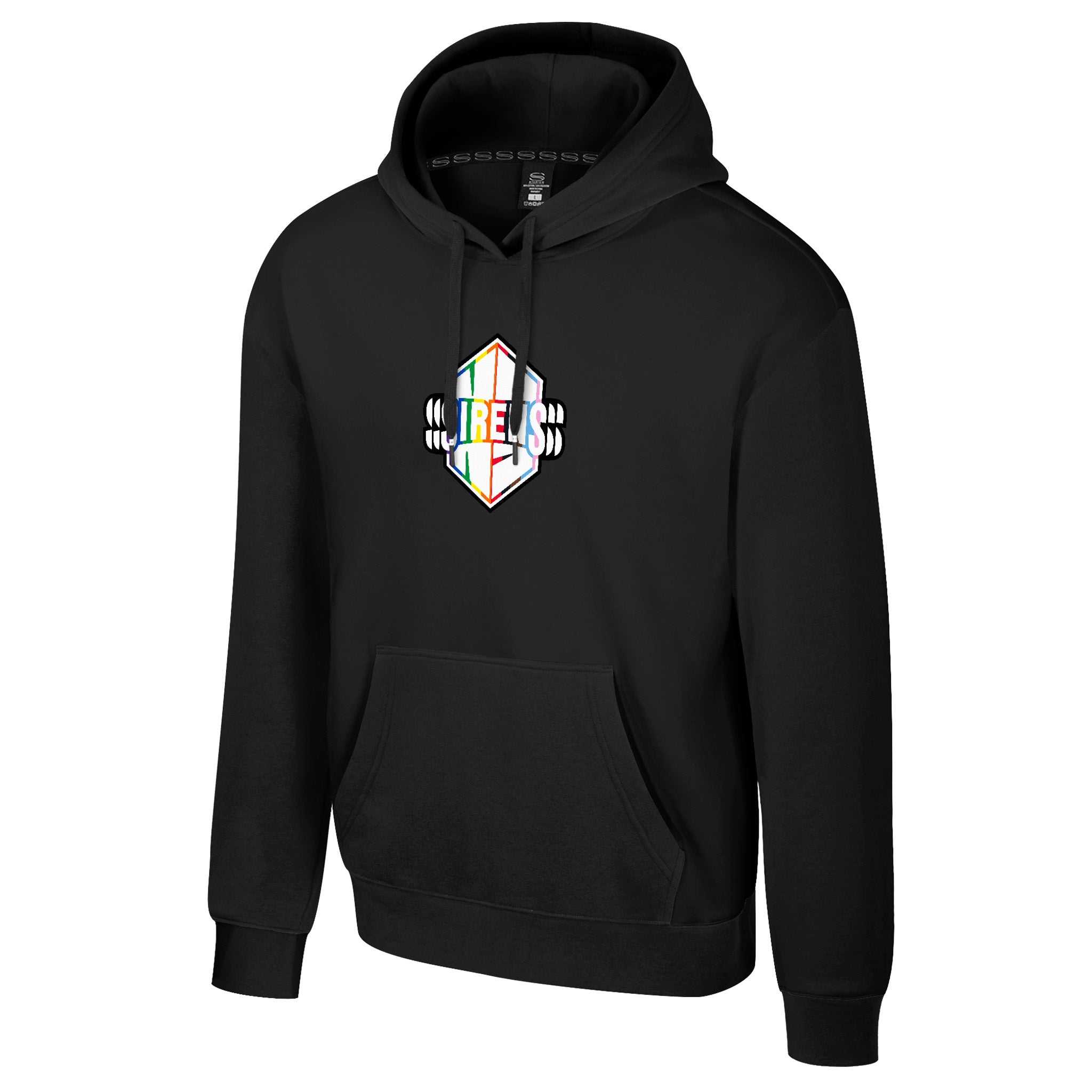 Black hoodie with a colorful logo on a white background