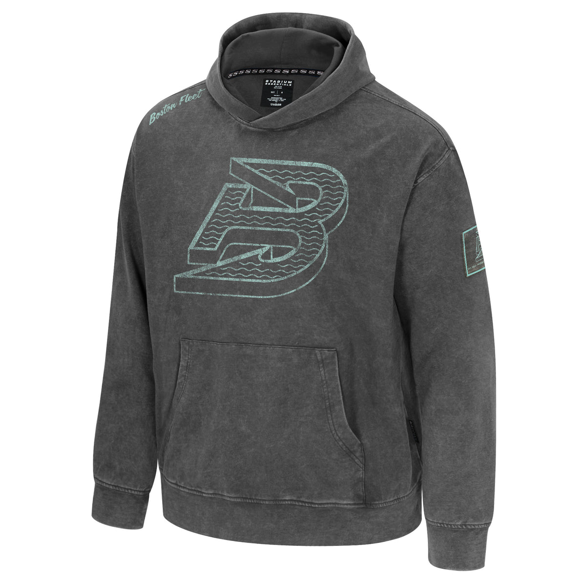 The front of a dark gray wash hooded sweatshirt with a large teal mono-color Boston Fleet logo at the center of the chest. 'Boston Fleet' in teal is in cursive on top of the right shoulder and a dark gray wash patch on the left arm containing the Boston Fleet logo.