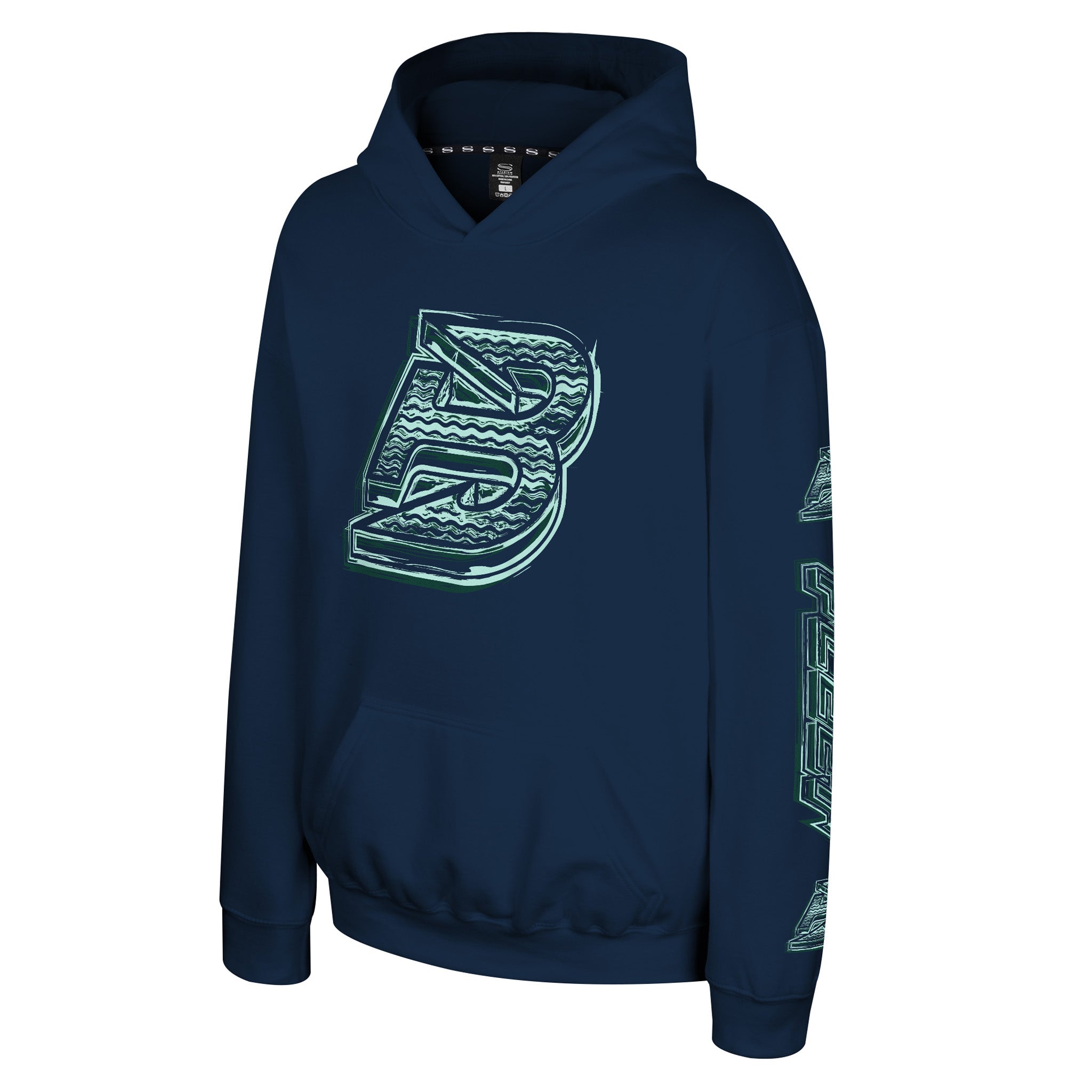 A navy blue pullover hoodie featuring a large stylized 'B' logo on the chest with a green and white wavy pattern, and 'FLEEt' printed vertically on the sleeve.