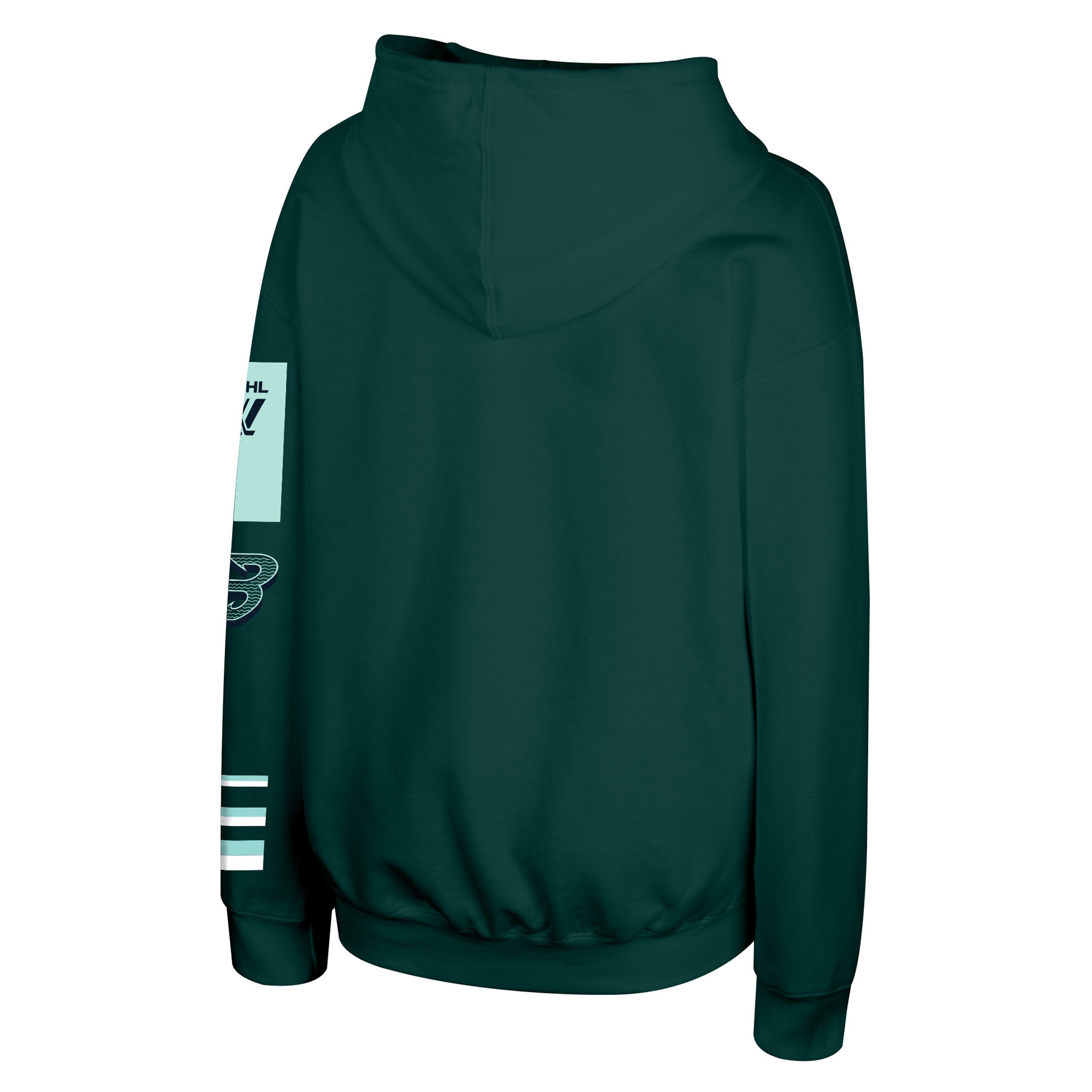 A dark green pullover hoodie shown from the back, featuring a light blue and white graphic print on the left sleeve, set against a plain white background.