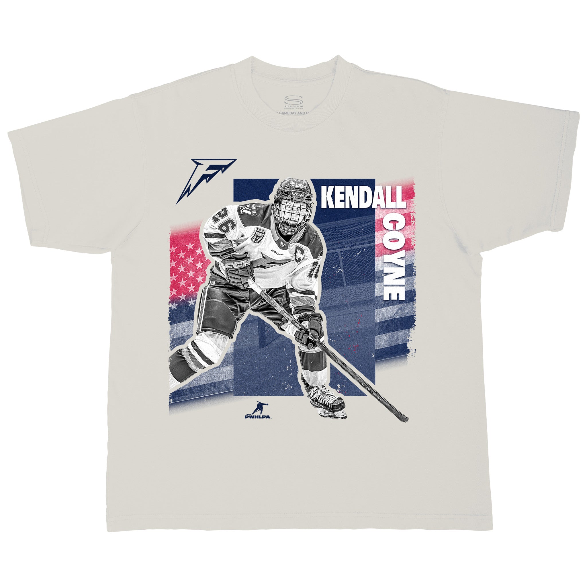 T-shirt with hockey player graphic and 'Kendall Coyote' text on a white background