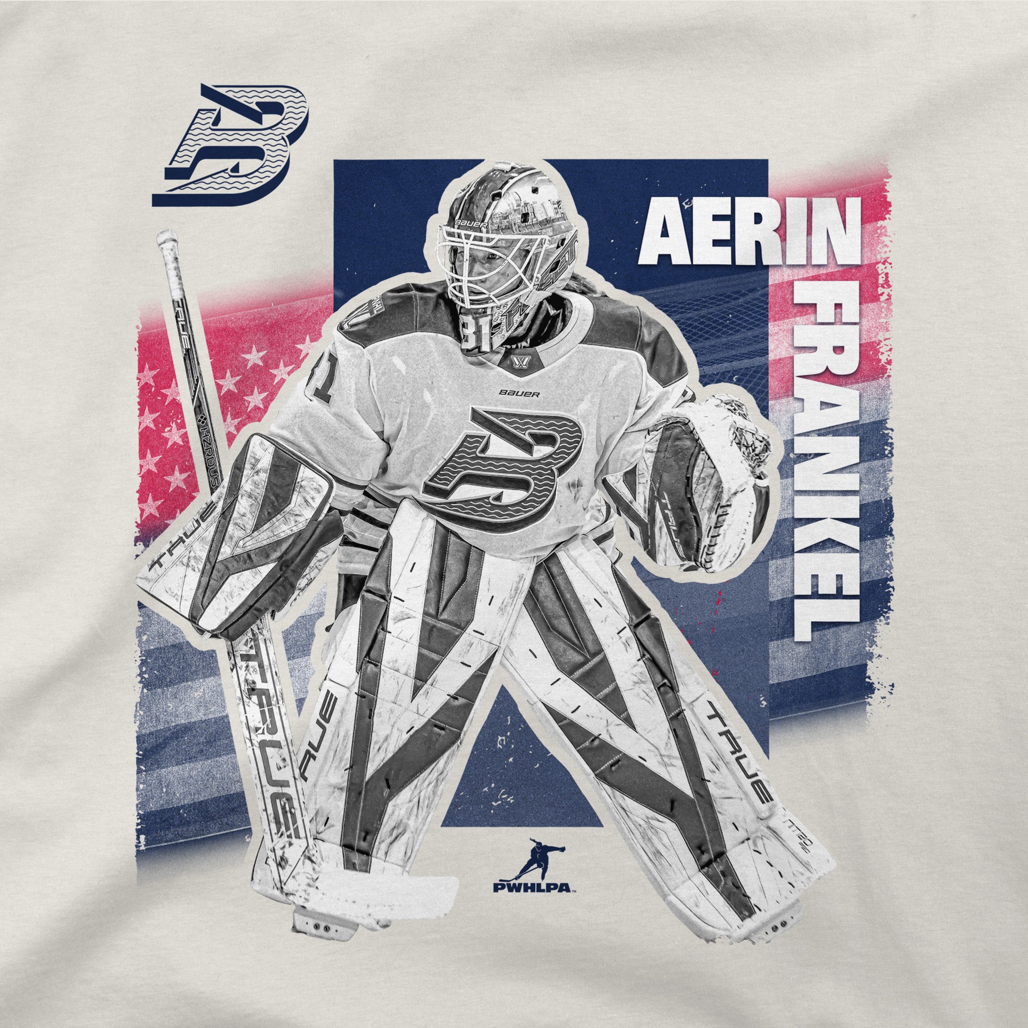 Hockey goalie graphic with 'Aerin Frankel' text on a off-white background