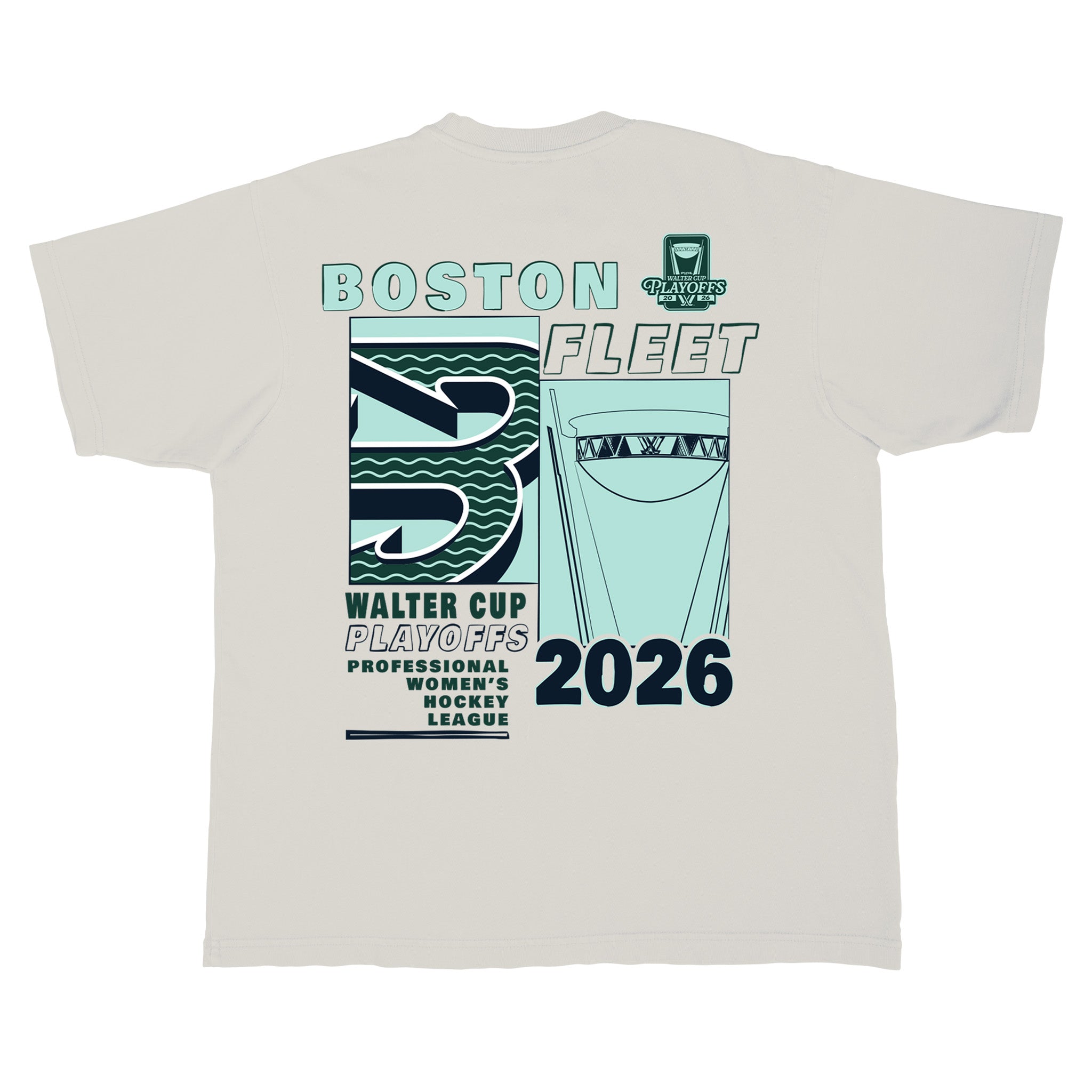 White t-shirt with graphic design and text on the back, featuring 'Boston Fleet' and 'Walter Cup Playoffs 2026'.