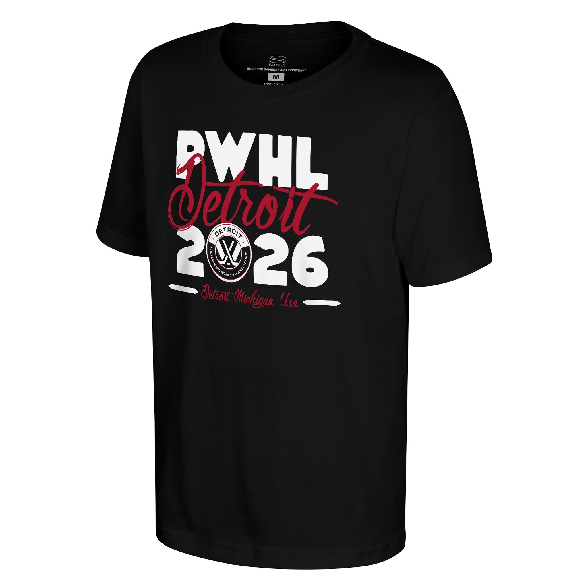 Black t-shirt with PWHL Detroit 2026 text and logo on a white background