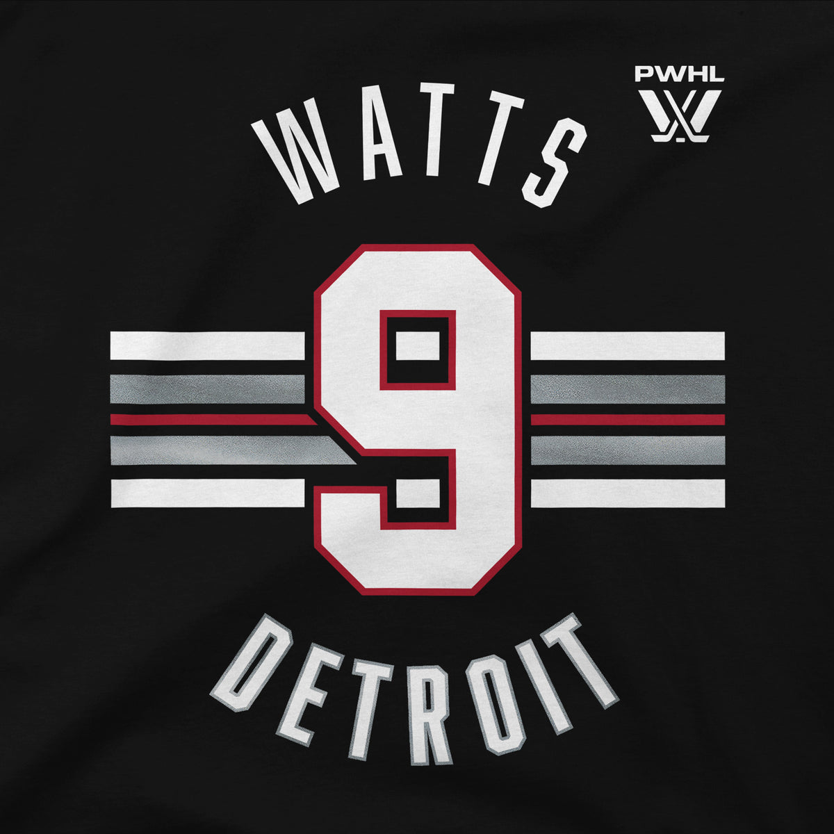 The front of a black short sleeved shirt. White, gray, and white stripes are across the center with a white '9' outlined in red on top of them. 'WATTS' in white is on top with the PWHL logo next to it. 'DETROIT' is below in white.
