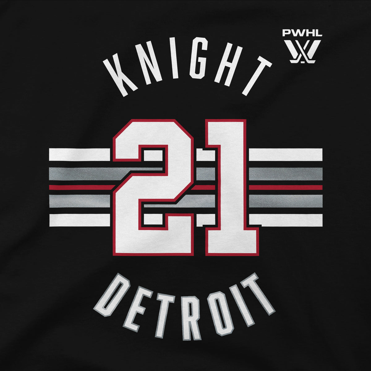 The front of a black short sleeved shirt. White, gray, and white stripes are across the center with a white '21' outlined in red on top of them. 'KNIGHT' in white is on top with the PWHL logo next to it. 'DETROIT' is below in white.