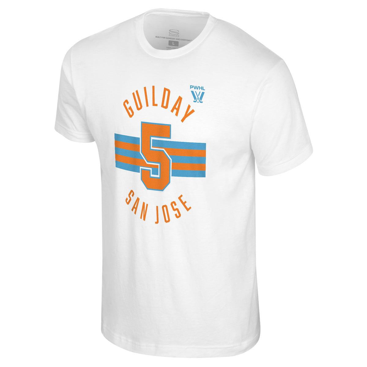 The front of a white short sleeved shirt. Blue and orange stripes are across the center with an orange '5' outlined in blue on top of them. 'GUILDAY' in orange is on top with the PWHL logo next to it. 'SAN JOSE' is below in orange.