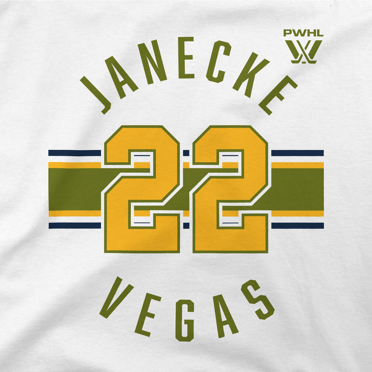 The front of a white short sleeved shirt. Green, yellow, and black stripes are across the center with a yellow '22' outlined in green on top of them. 'JANECKE' in green is on top with the PWHL logo next to it. 'VEGAS' is below in green.