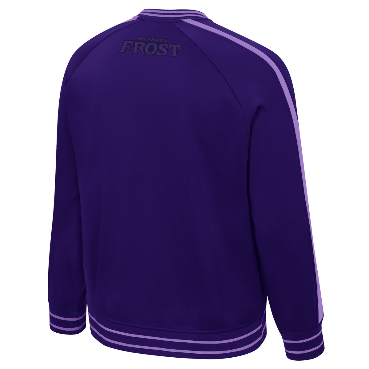 The back of a purple full zip jacket featuring two lavender stripes along the purple cuffs on the collar, sleeves, and bottom. Two lavender stripes also run vertically up the arms and shoulders reaching from the collar to the cuff. On the back beneath the collar reads 'MINNESOTA FROST' in outlined black letters.