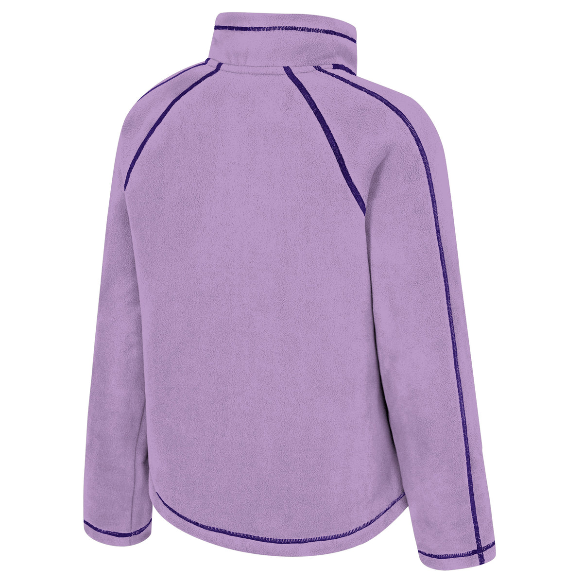 The back of a lavender Minnesota Frost full-zip fleece jacket with purple stitched seams along the arms, shoulders, and collar.