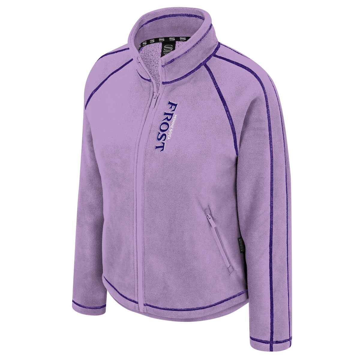 The front of a lavender full-zip fleece jacket with purple stitched seams along the arms, shoulders, and collar. Running along the zipper in the right chest is 'MINNESOTA' in white with 'FROST' below it in purple.