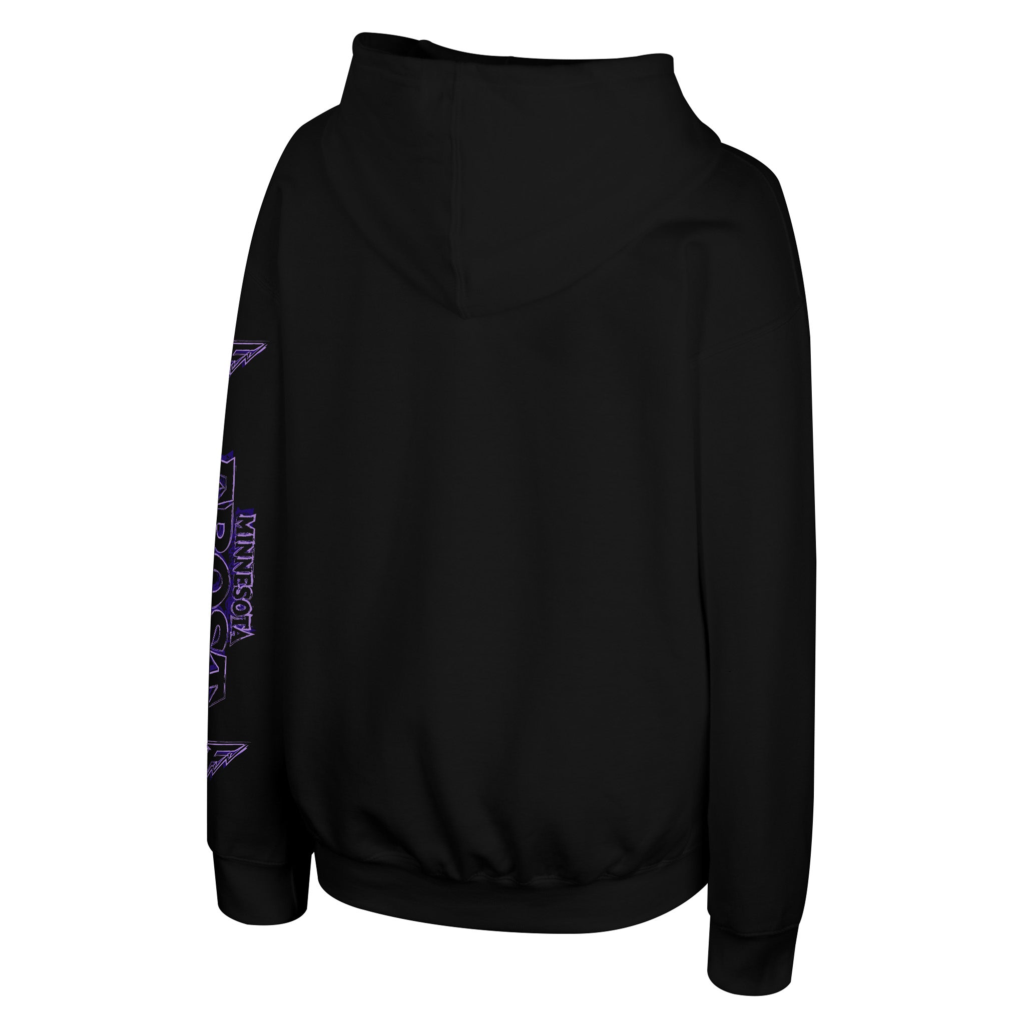 Black pullover hoodie shown from the back, featuring a purple and white graphic design printed vertically down the left sleeve.