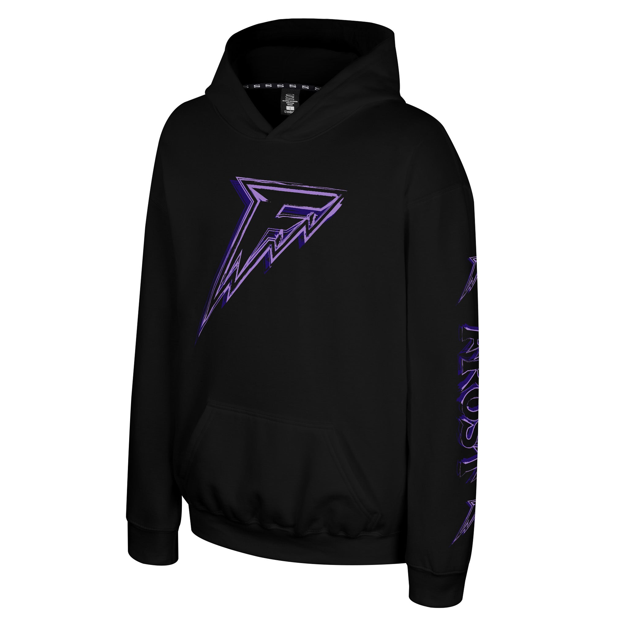 A black pullover hoodie featuring a stylized purple and blue outlined 'F' logo on the chest and 'FROST' printed vertically in purple on the left sleeve, shown against a plain white background.