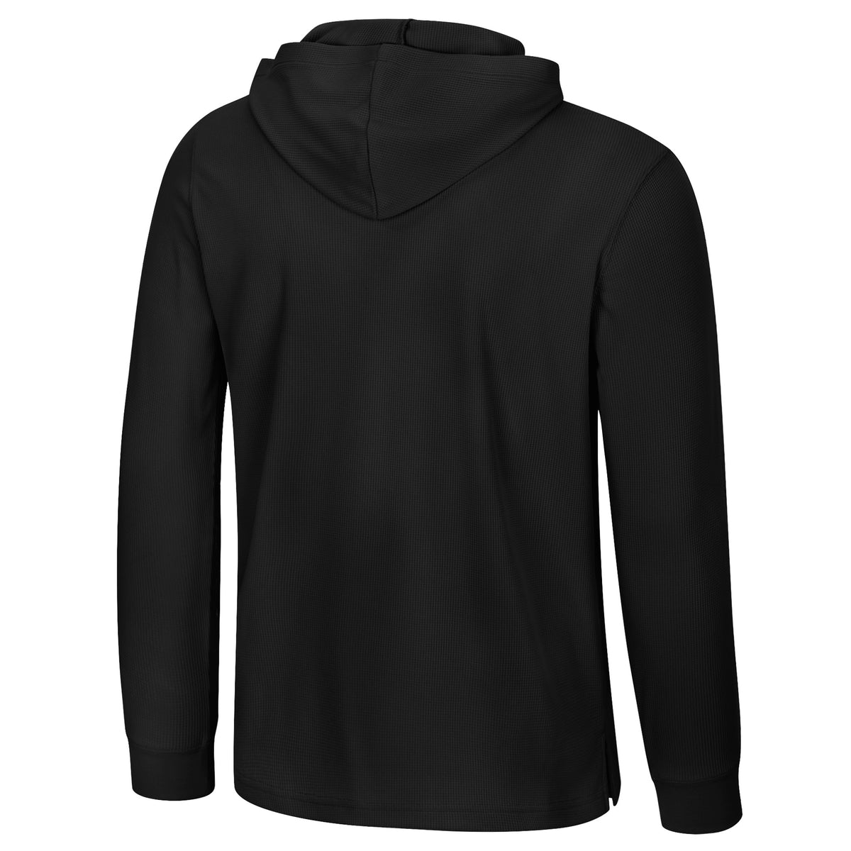 The back of a black thermal Minnesota Frost hoodie.