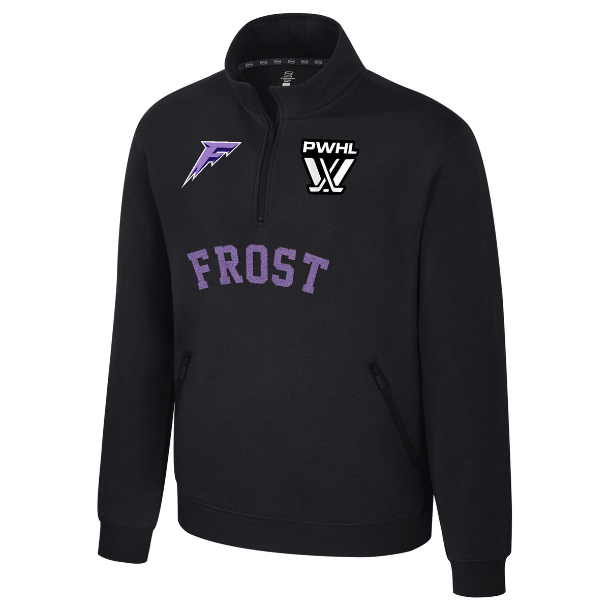 The front of a black fleece quarter zip with an embroidered white PWHL logo on the left chest and a Minnesota Frost logo on the right chest. Below the zipper is a lavender embroidered 'FROST'.