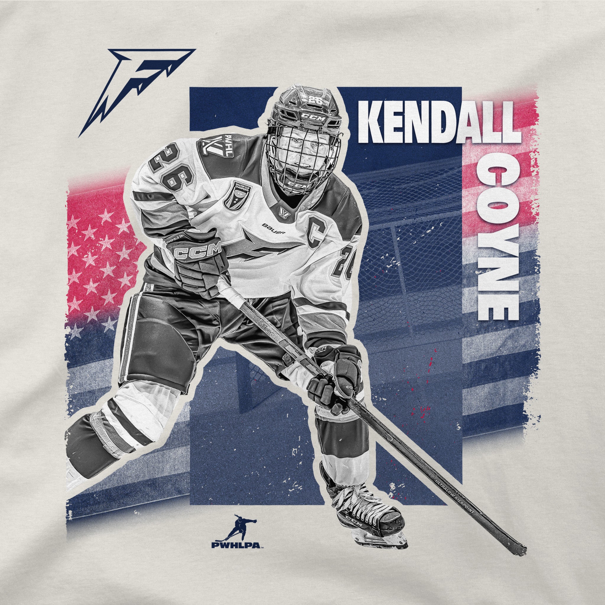 Hockey player graphic with 'Kendall Coyne' on a white background