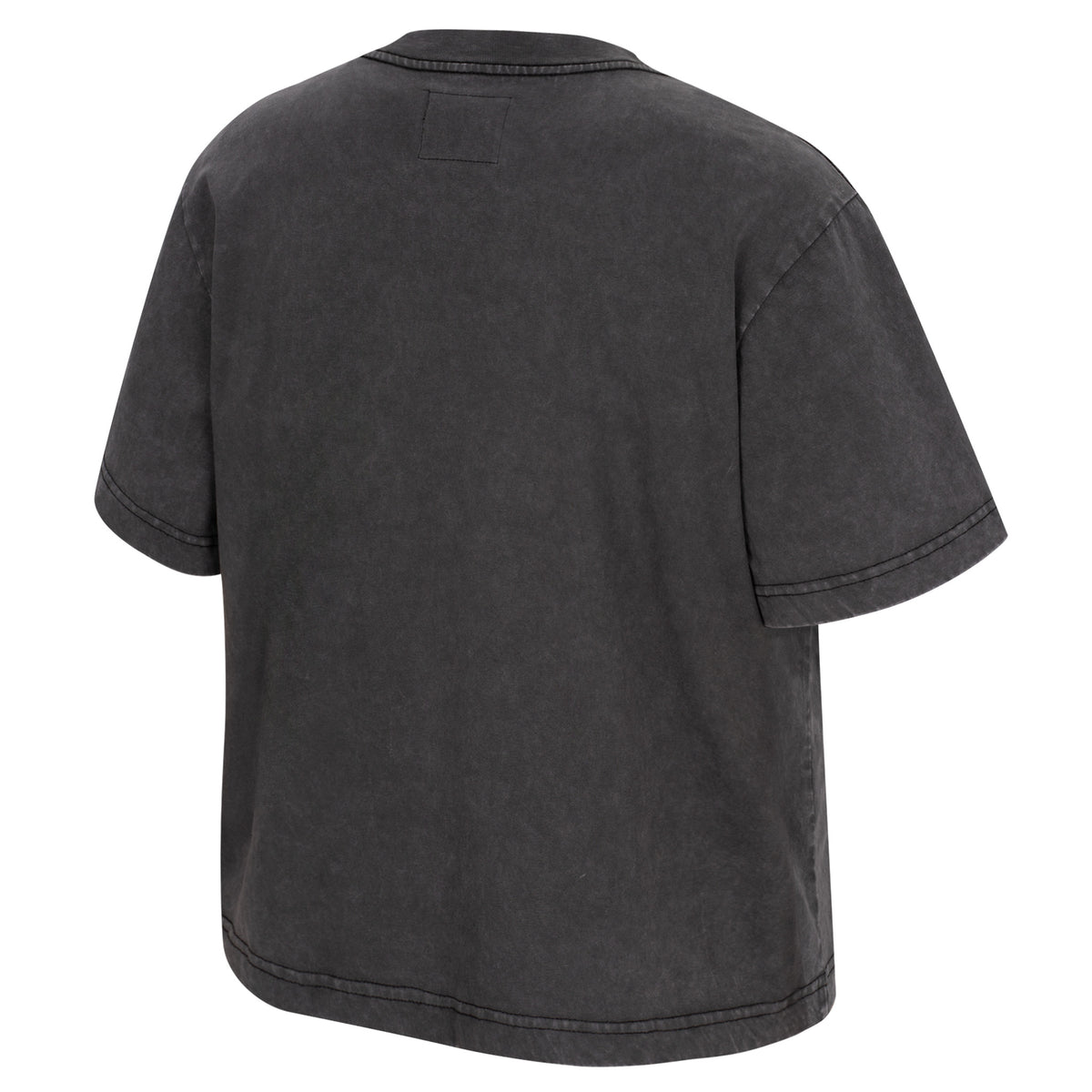 The back of a dark gray wash Minnesota Frost short sleeve V-neck shirt.