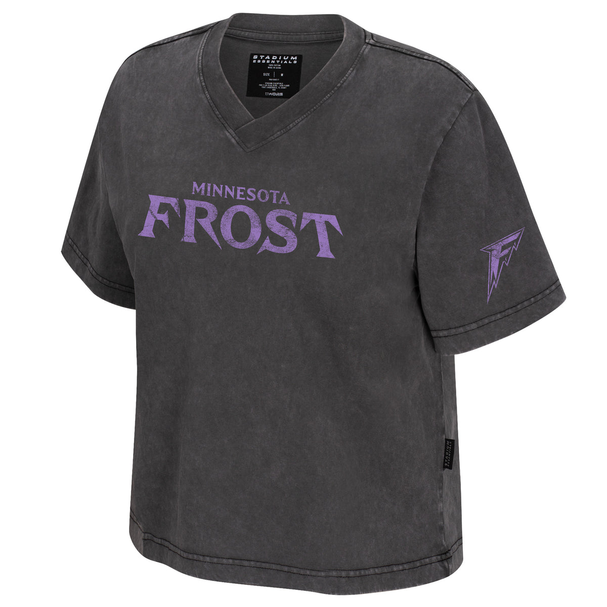The front of a dark gray was short sleeve V-neck shirt. 'MINNESOTA FROST' is in lavender across the front. The Minnesota Frost logo is in lavender in the left sleeve.