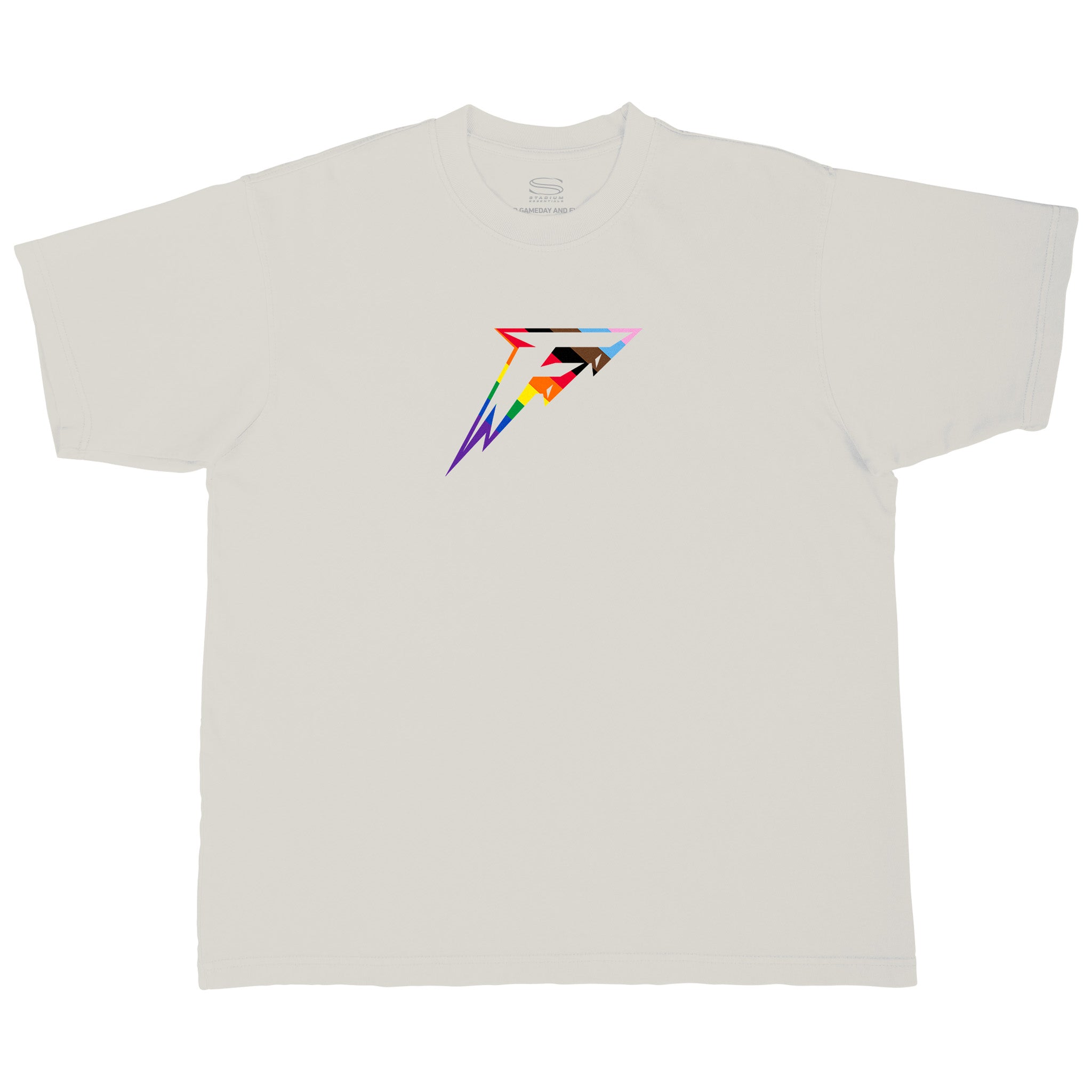 White t-shirt with a colorful triangle logo on a white background