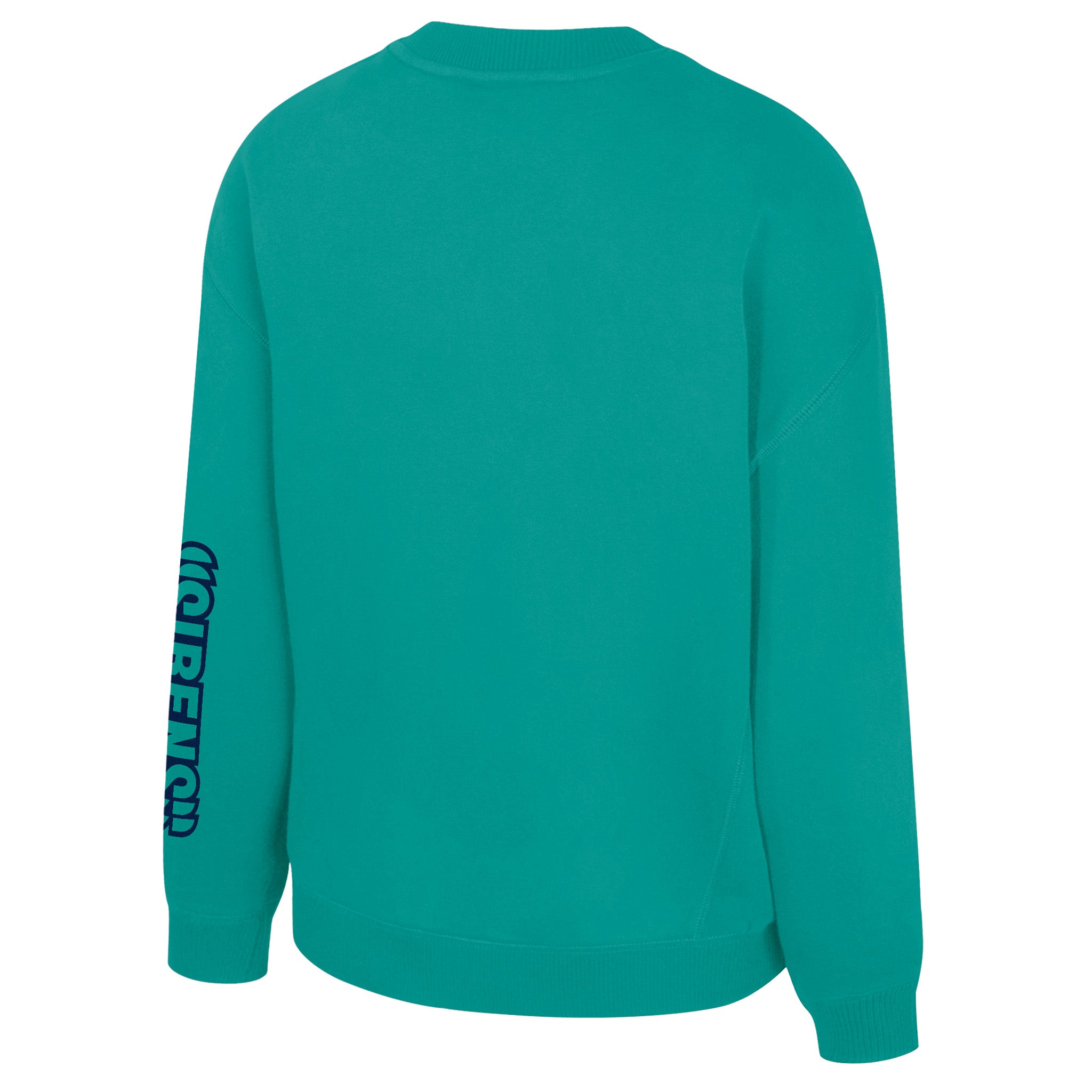 Teal sweatshirt with branding on sleeve against a white background