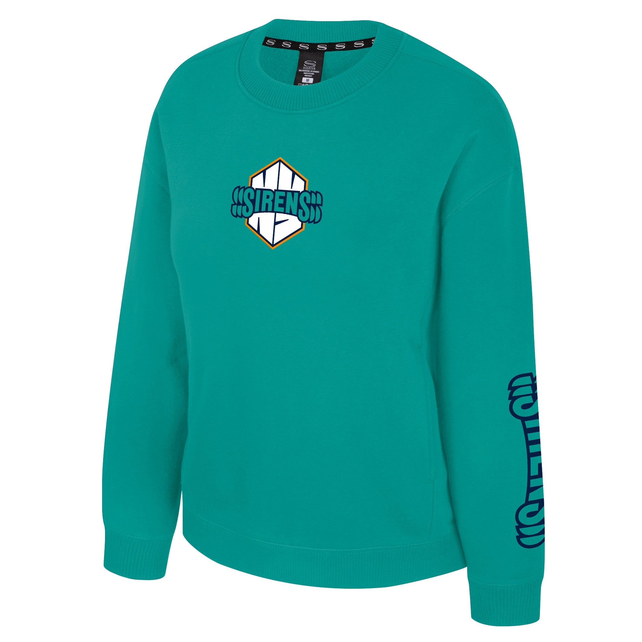 Teal sweatshirt with a logo on the chest and text on the sleeve against a white background