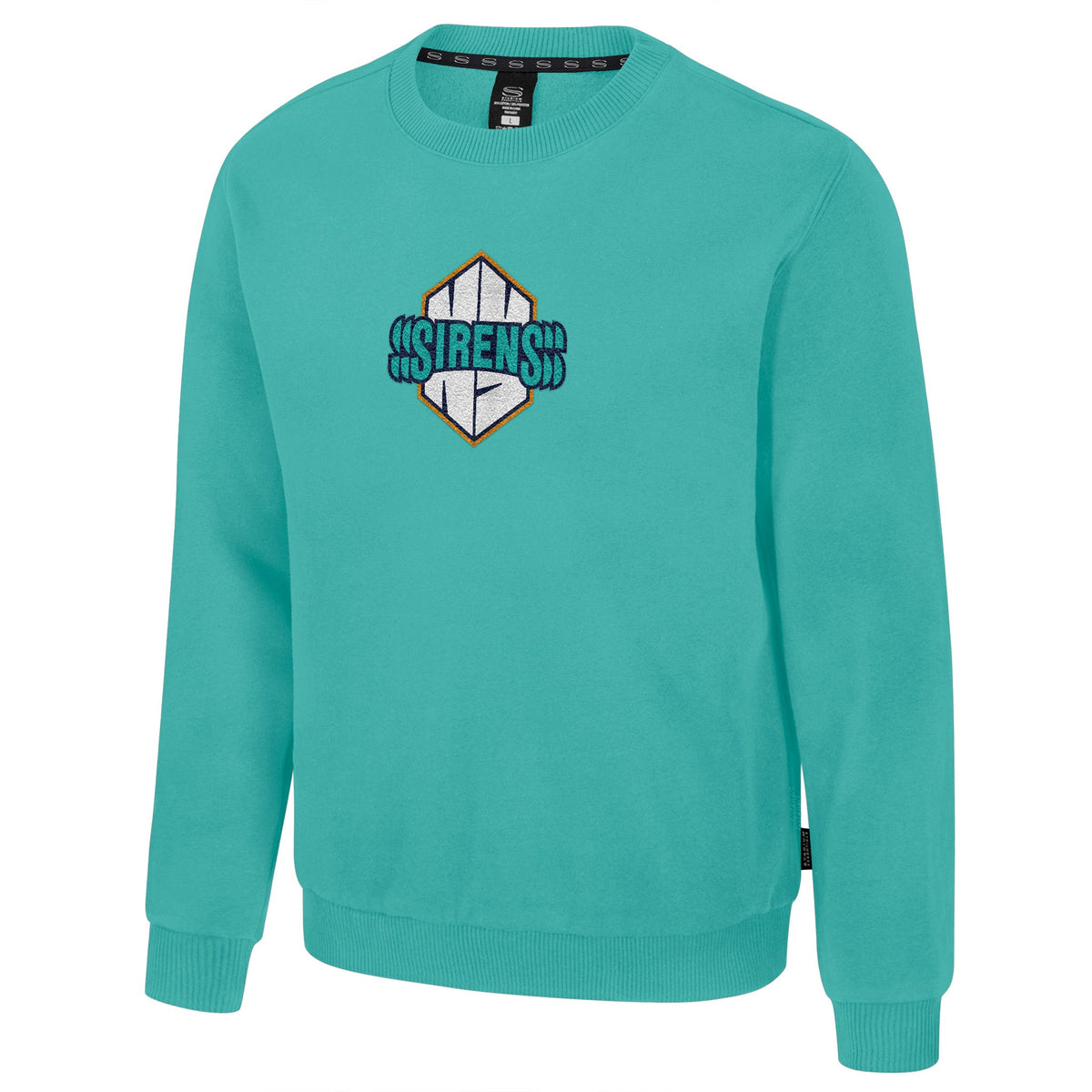 The front of a teal crew neck sweatshirt with ribbed collar, cuffs and bottom band. The New York Sirens logo is embroidered in the center of the chest.