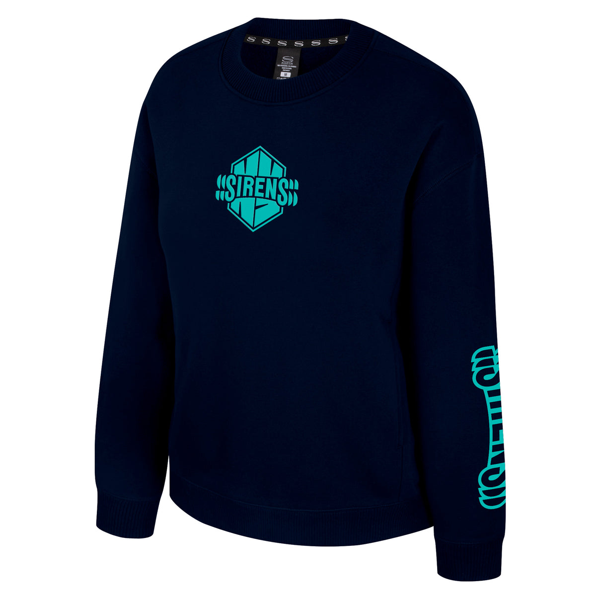 The front of a navy-blue crew neck sweatshirt with ribbed collar, cuffs and bottom band. A teal mono-color New York Sirens logo is in the center of the chest with 'SIRENS' along the left sleeve.