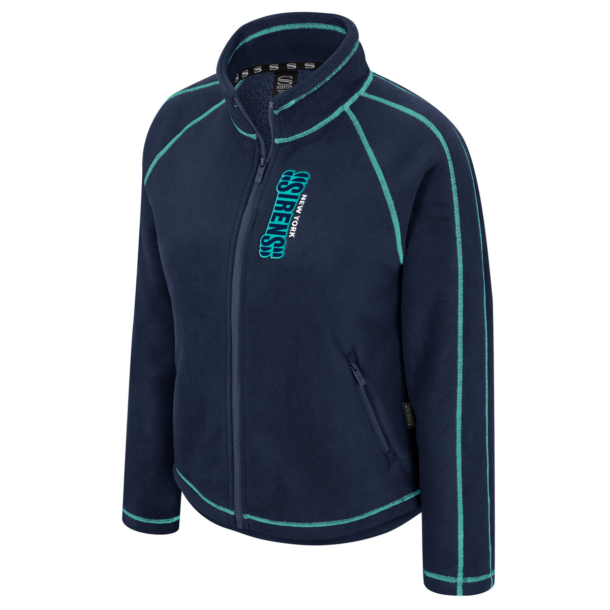The front of a navy-blue full-zip fleece jacket with teal stitched seams along the arms, shoulders, and collar. Running along the zipper in the right chest is 'NEW YORK' in white with 'SIRENS' below it in navy-blue outlined in teal.
