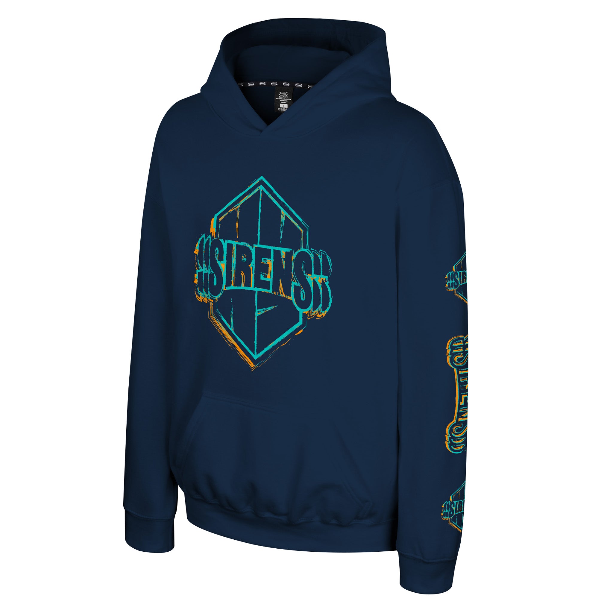 A navy blue pullover hoodie featuring a large geometric 'SIRENS' graphic on the chest in teal and orange, with matching graphics printed down the sleeves, shown against a plain white background.