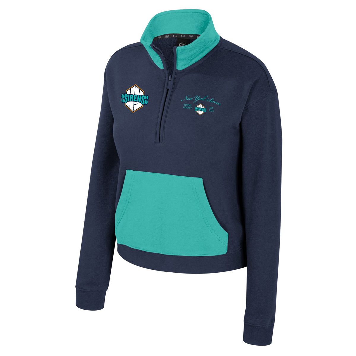 The front of a navy-blue fleece half zip with teal color blocking on collar and front pocket. The right chest has an embroidered New York Sirens logo. The left chest has ‘New York Sirens’ embroidered in teal cursive above a small, embroidered New York Sirens Logo with ‘SIRENS HOCEKY’ and ‘EST 2023’ on each side of it.