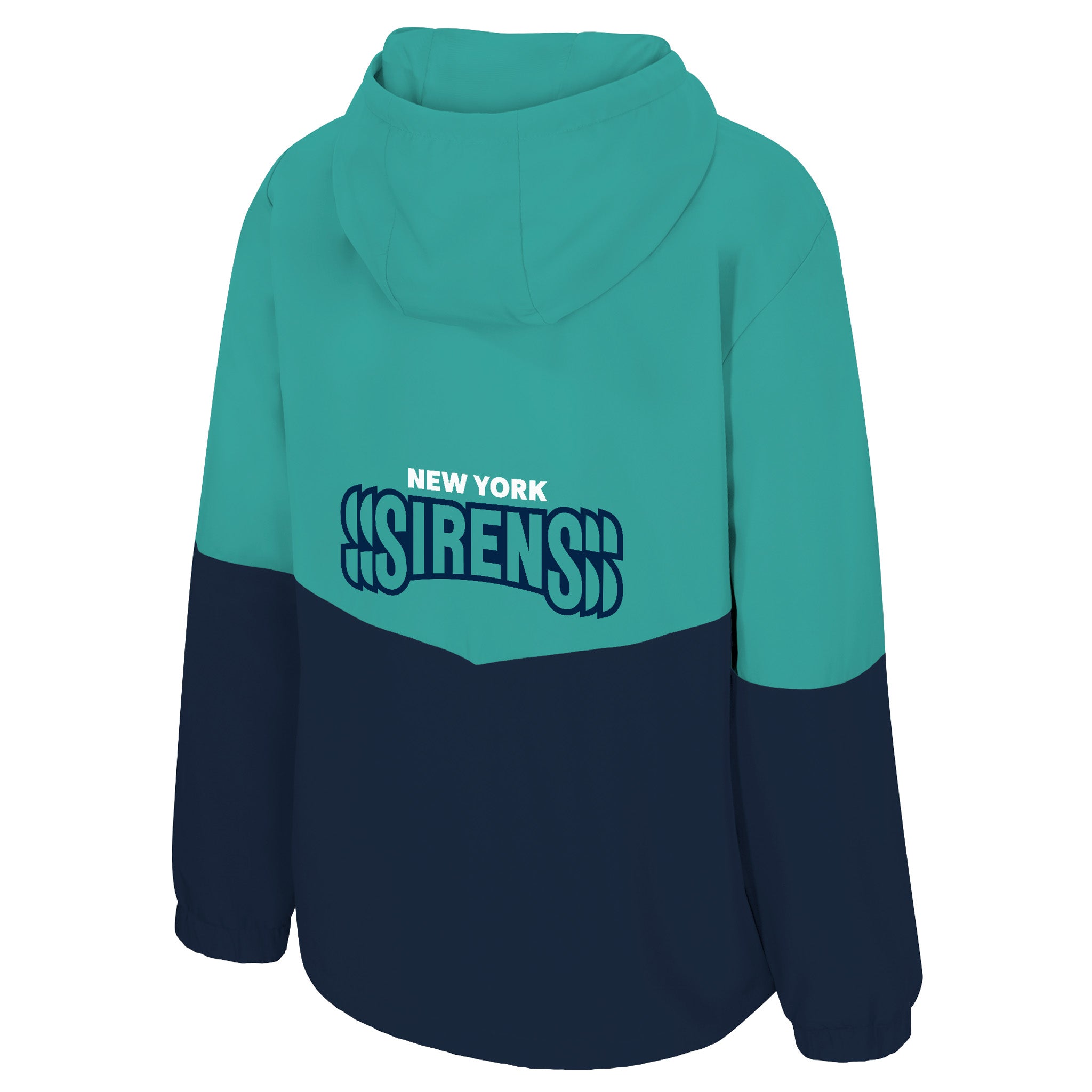 Teal and navy hoodie with 'New York Sirens' text on a white background