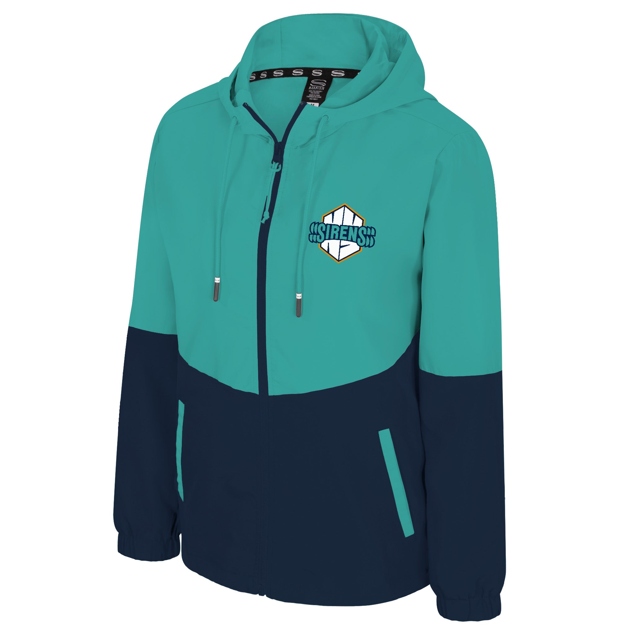 Two-tone teal and navy hoodie with a logo on a white background